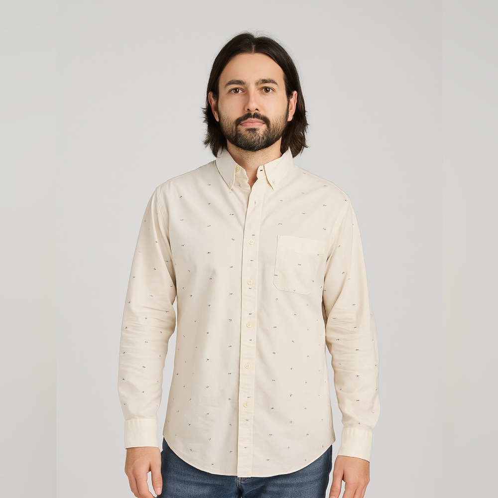 St. John’s Bay Comfort‎ Stretch Cream Navy Bird Print Button Down Shirt
